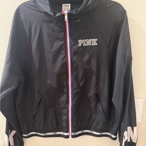 PINK Victoria's Secret Black Bomber Jacket with White Branding and Elastic Cuffs